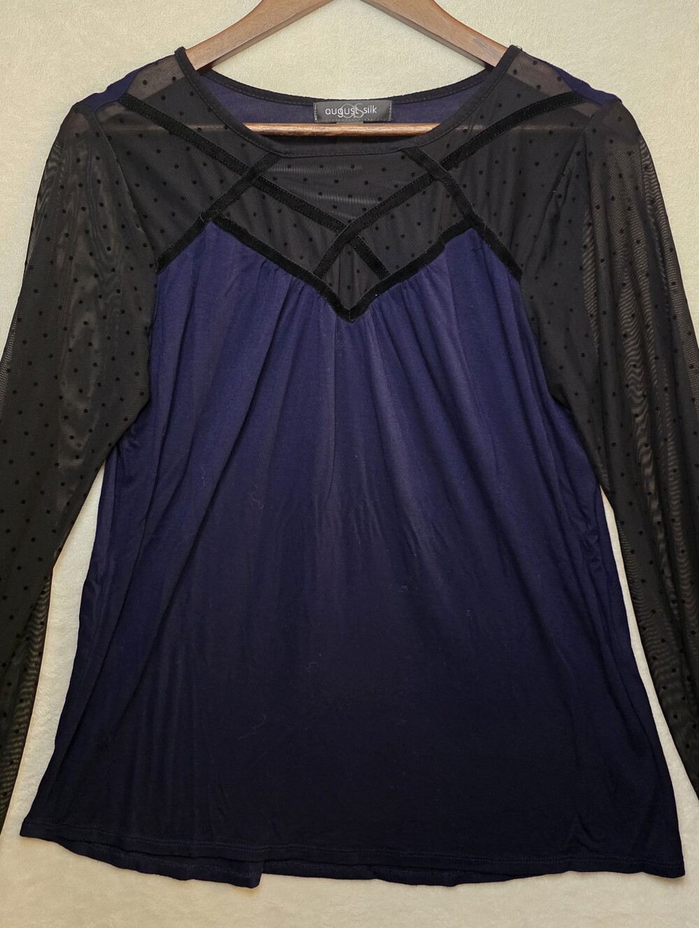 Black Mesh Dotted Yoke Long Sleeve Navy Velvet Top august silk Size Large.